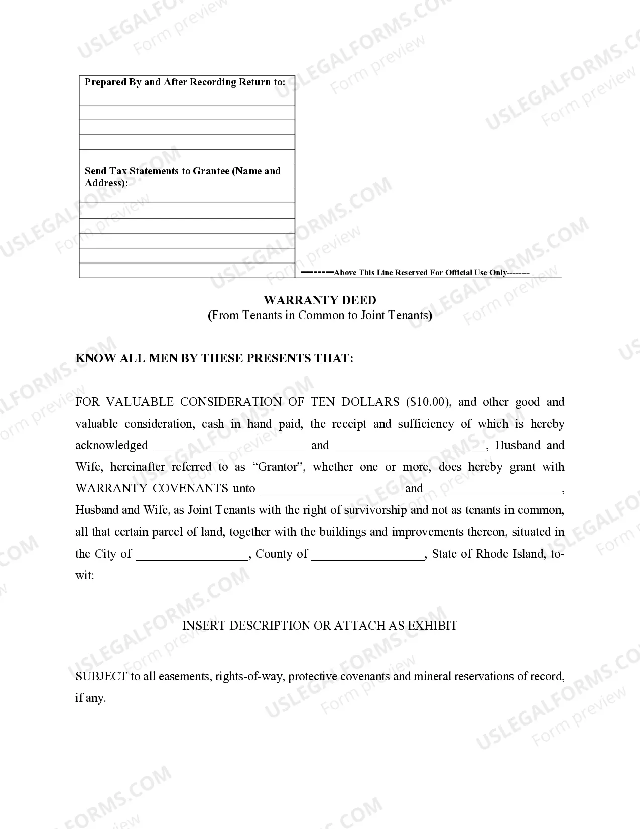 Preview Warranty Deed for Husband and Wife Converting Property from Tenants in Common to Joint Tenancy