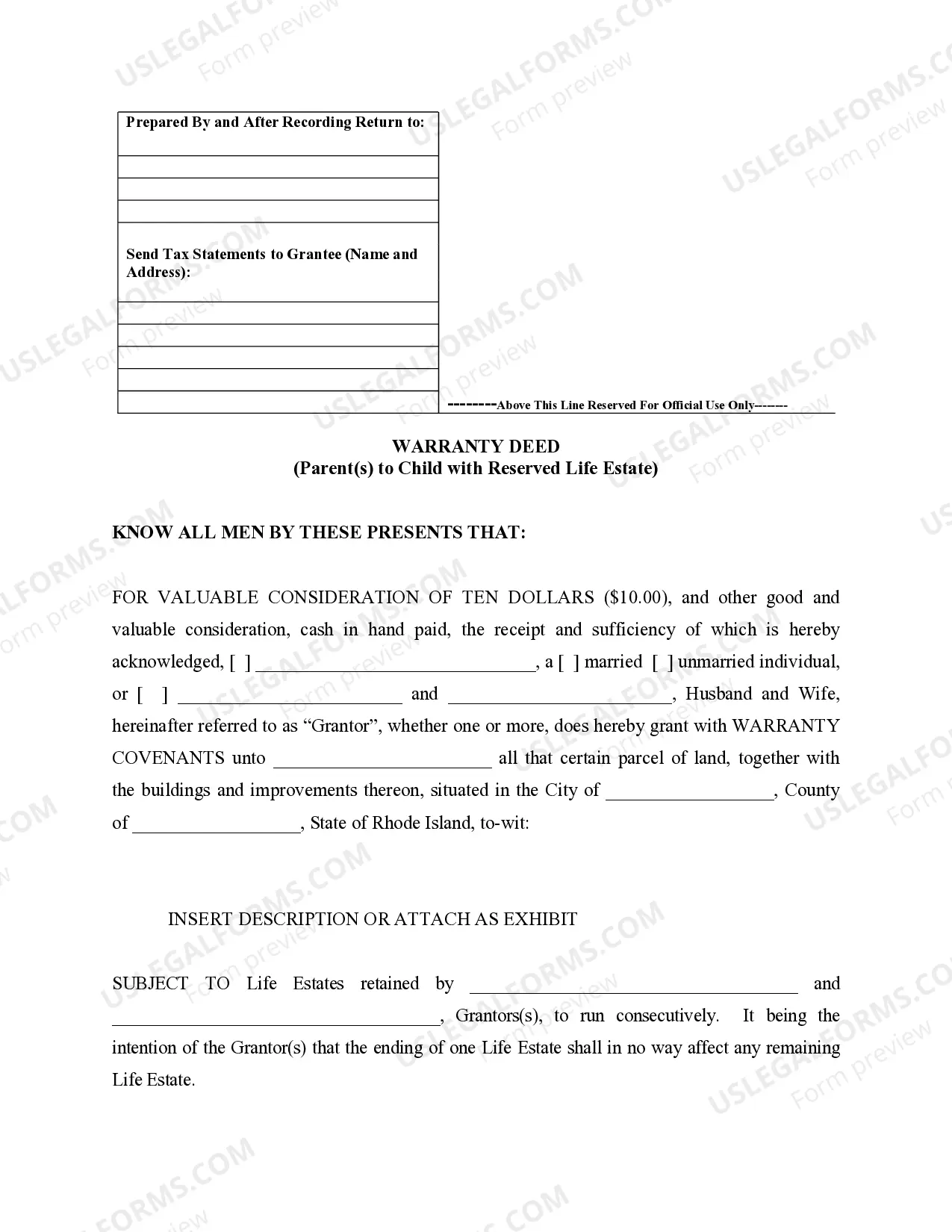 Preview Warranty Deed for Parents to Child with Reservation of Life Estate