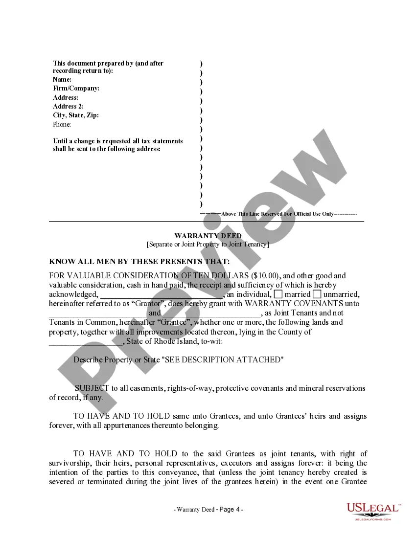 Preview Warranty Deed for Separate or Joint Property to Joint Tenancy