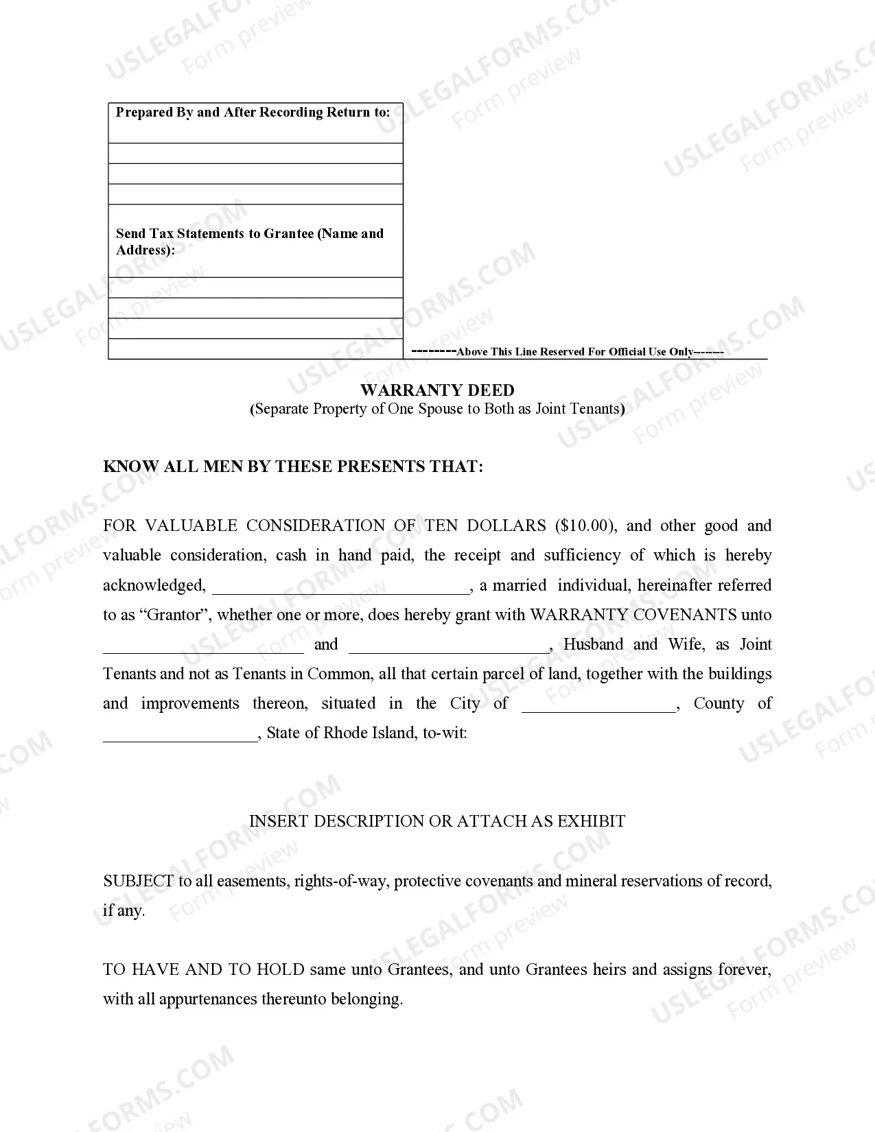 Preview Warranty Deed to Separate Property of One Spouse to Both Spouses as Joint Tenants