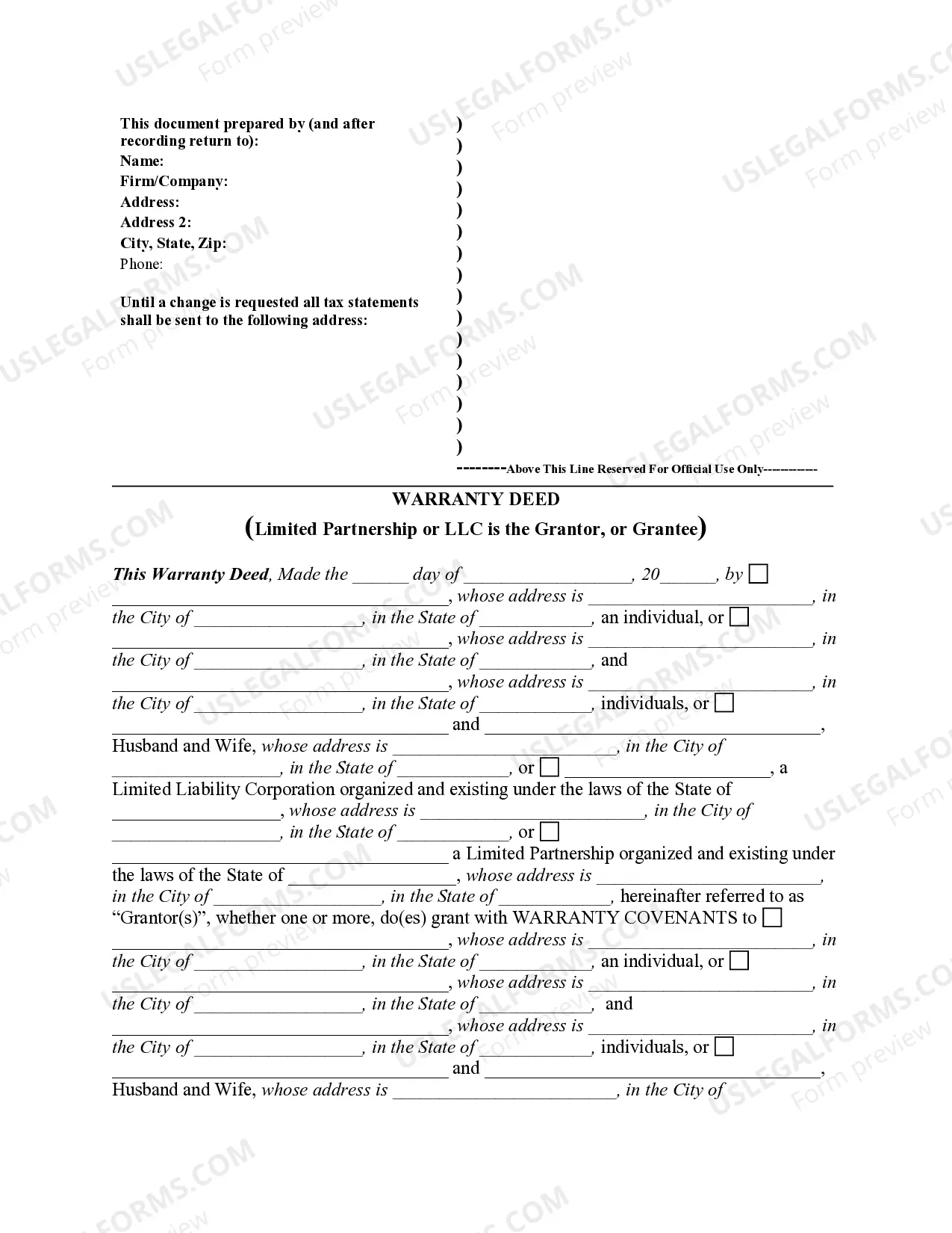 Preview Warranty Deed from Limited Partnership or LLC is the Grantor, or Grantee