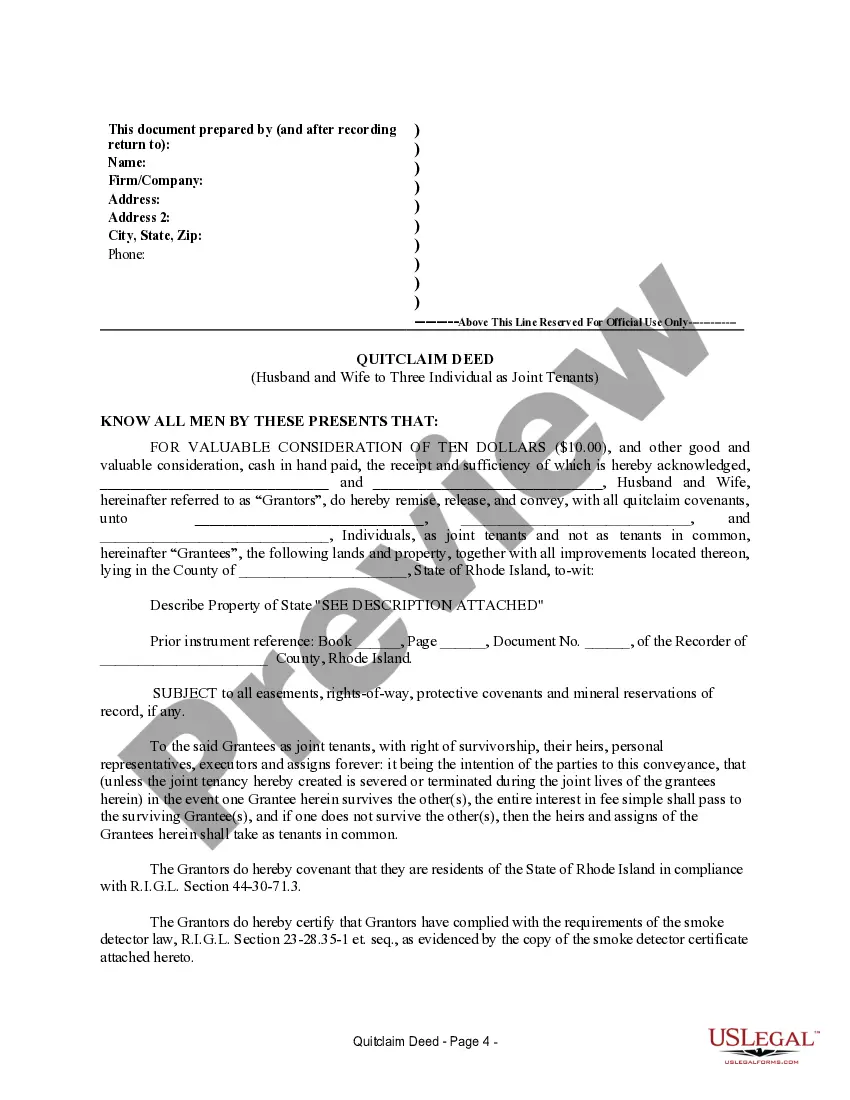 Preview Quitclaim Deed from Husband and Wife to Three Individuals as Joint Tenants