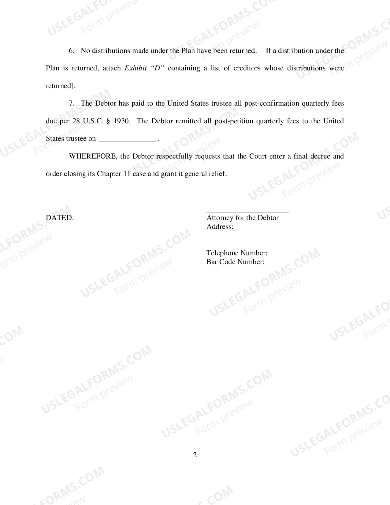 Preview Application For Final Decree (Chapter 11)