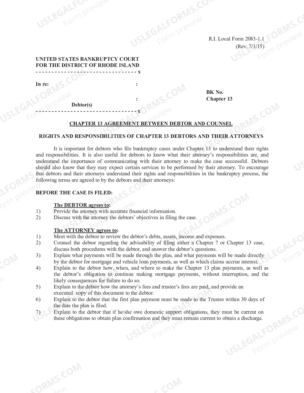 Preview Chapter 13 Agreement Between Debtor and Counsel