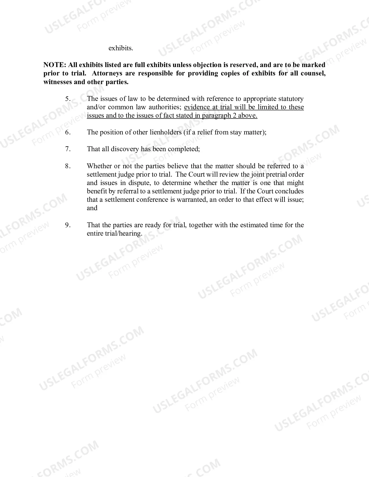 Preview Requirements For Joint Pretrial Order and Exhibit List Regarding 4001-1.2