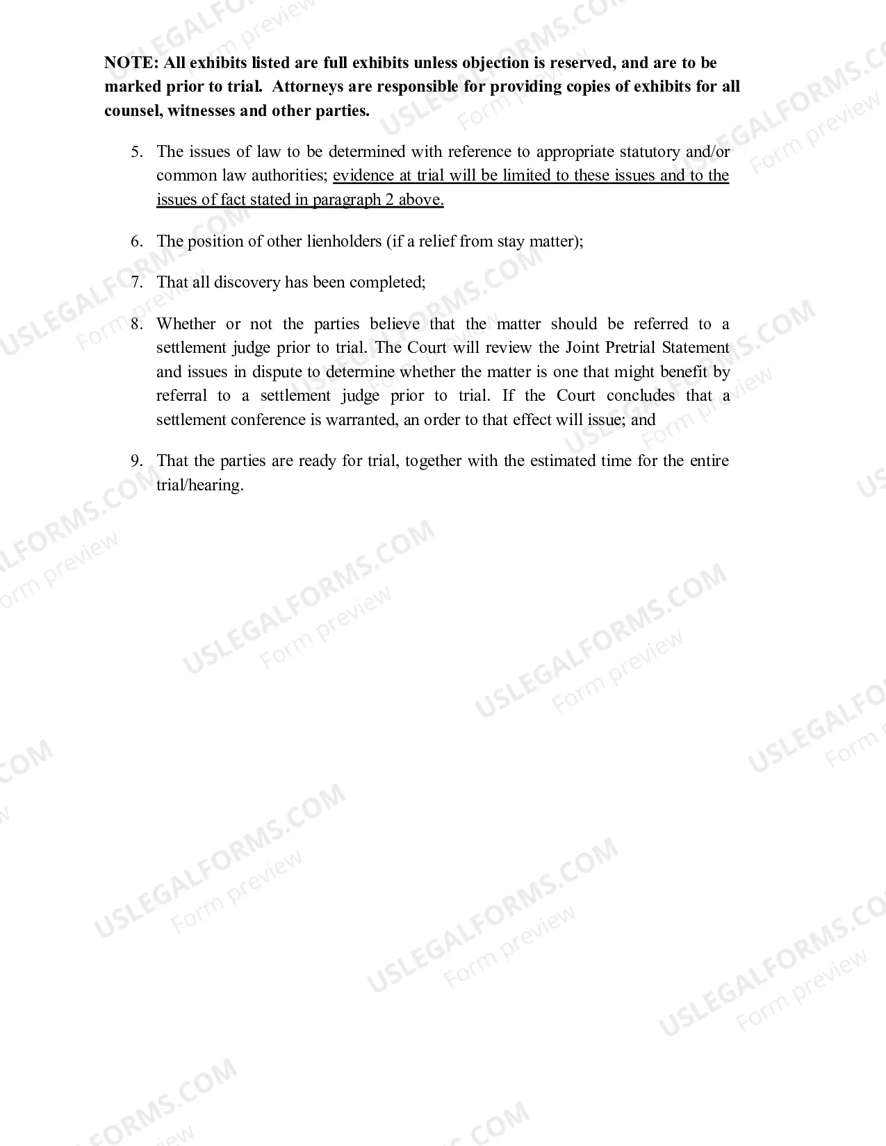 Preview Requirements For Joint Pretrial Order and Exhibit List Regarding 9014-1.1
