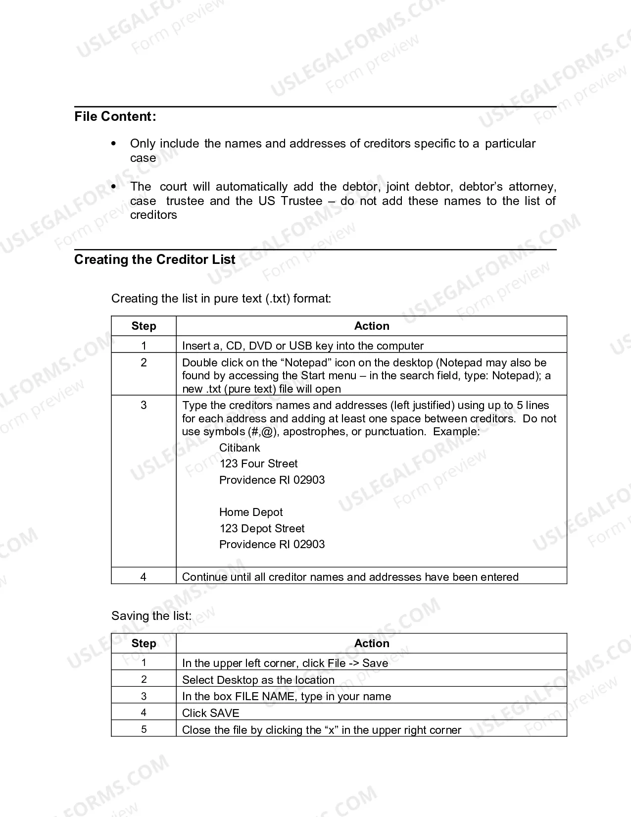 Preview Format for Preparing Creditor List