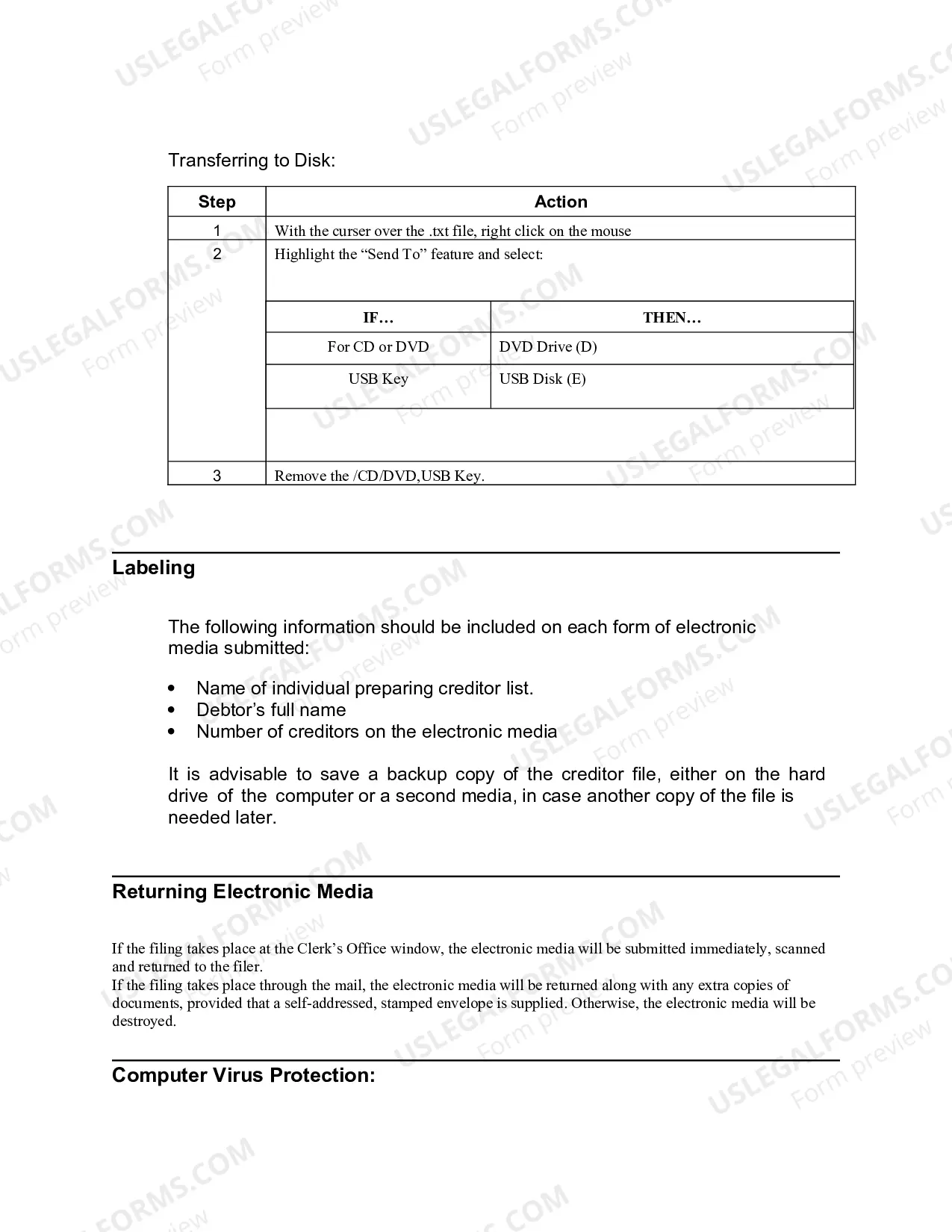 Preview Format for Preparing Creditor List