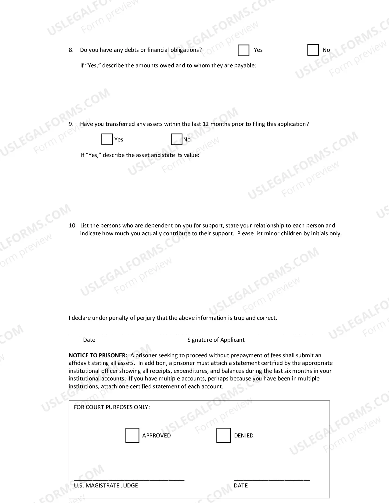 Preview Application To Proceed Without Prepayment of Fees and Affidavit