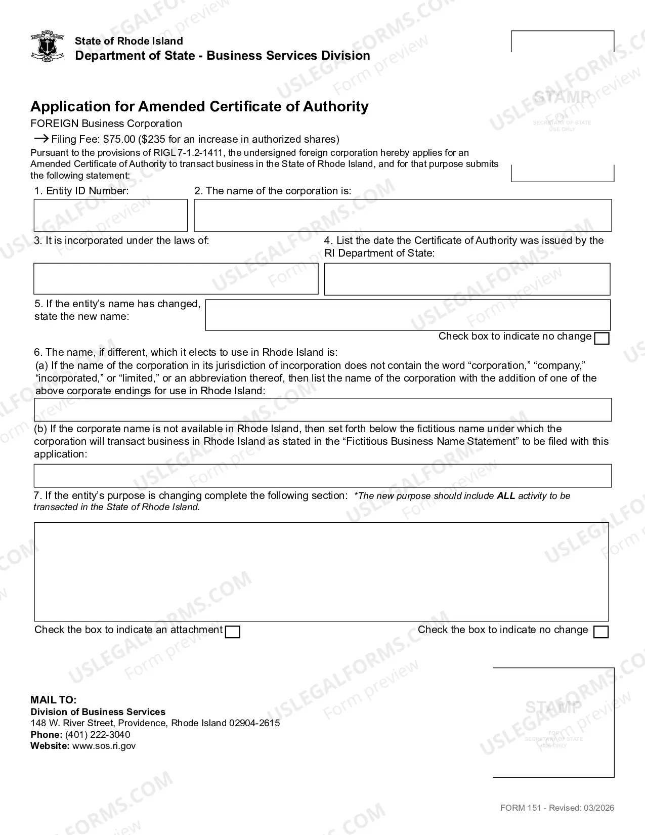 Preview Application For Amended Certificate of Authority (Foreign Corp)