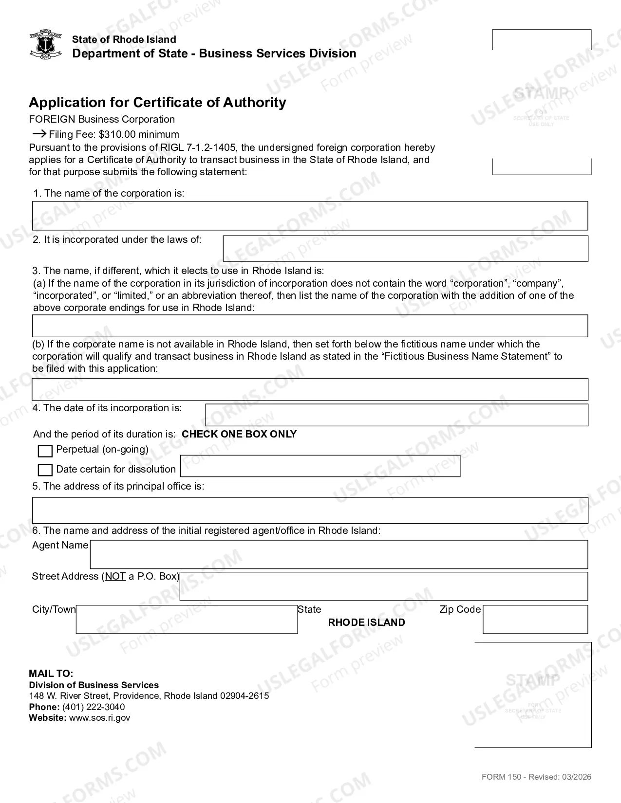 Preview Application For Certificate of Authority (Foreign Corp)