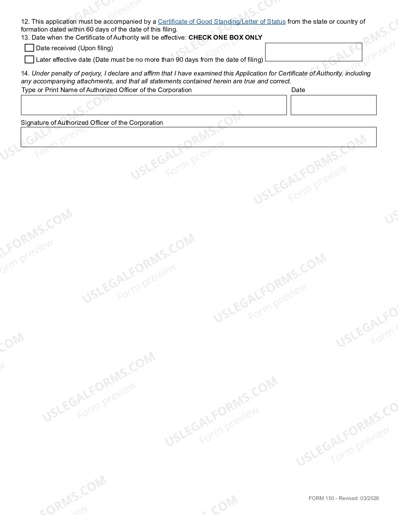 Preview Application For Certificate of Authority (Foreign Corp)