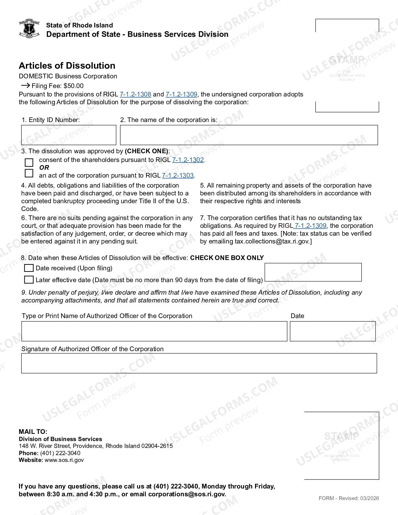 Preview Articles of Dissolution (Domestic Corp)