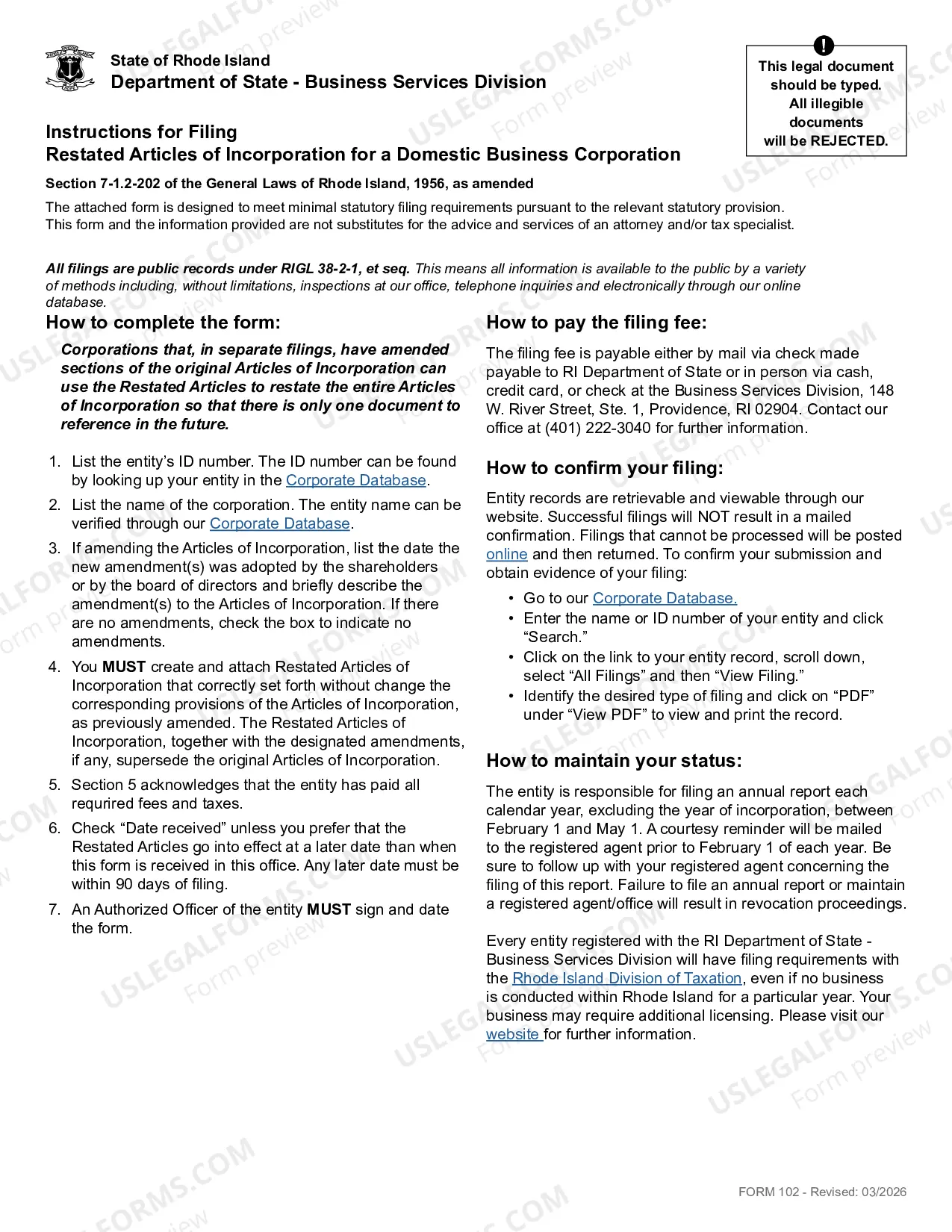Preview Restated Articles of Incorporation (Domestic Corp)