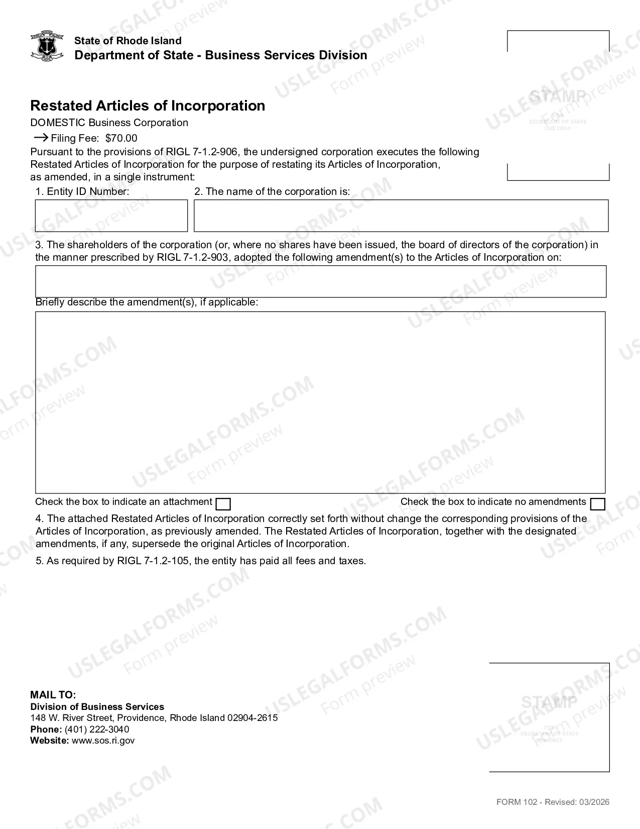 Preview Restated Articles of Incorporation (Domestic Corp)