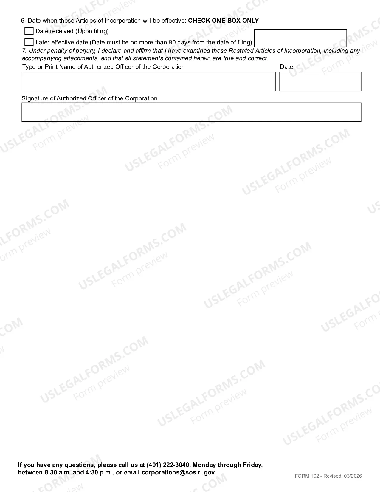 Preview Restated Articles of Incorporation (Domestic Corp)