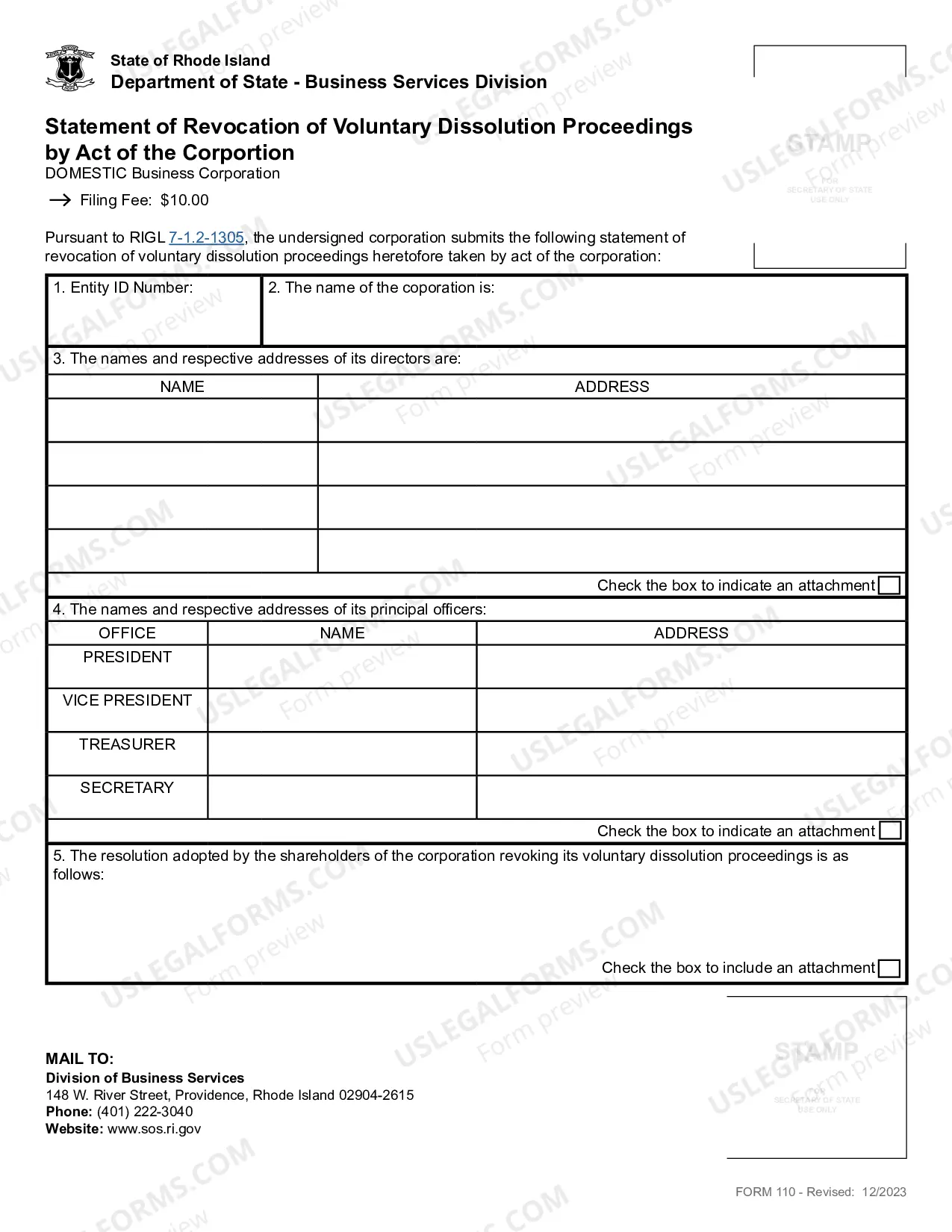 Preview Statement of Revocation of Voluntary Dissolution Proceedings By Act of Corporation (Domestic Corp)