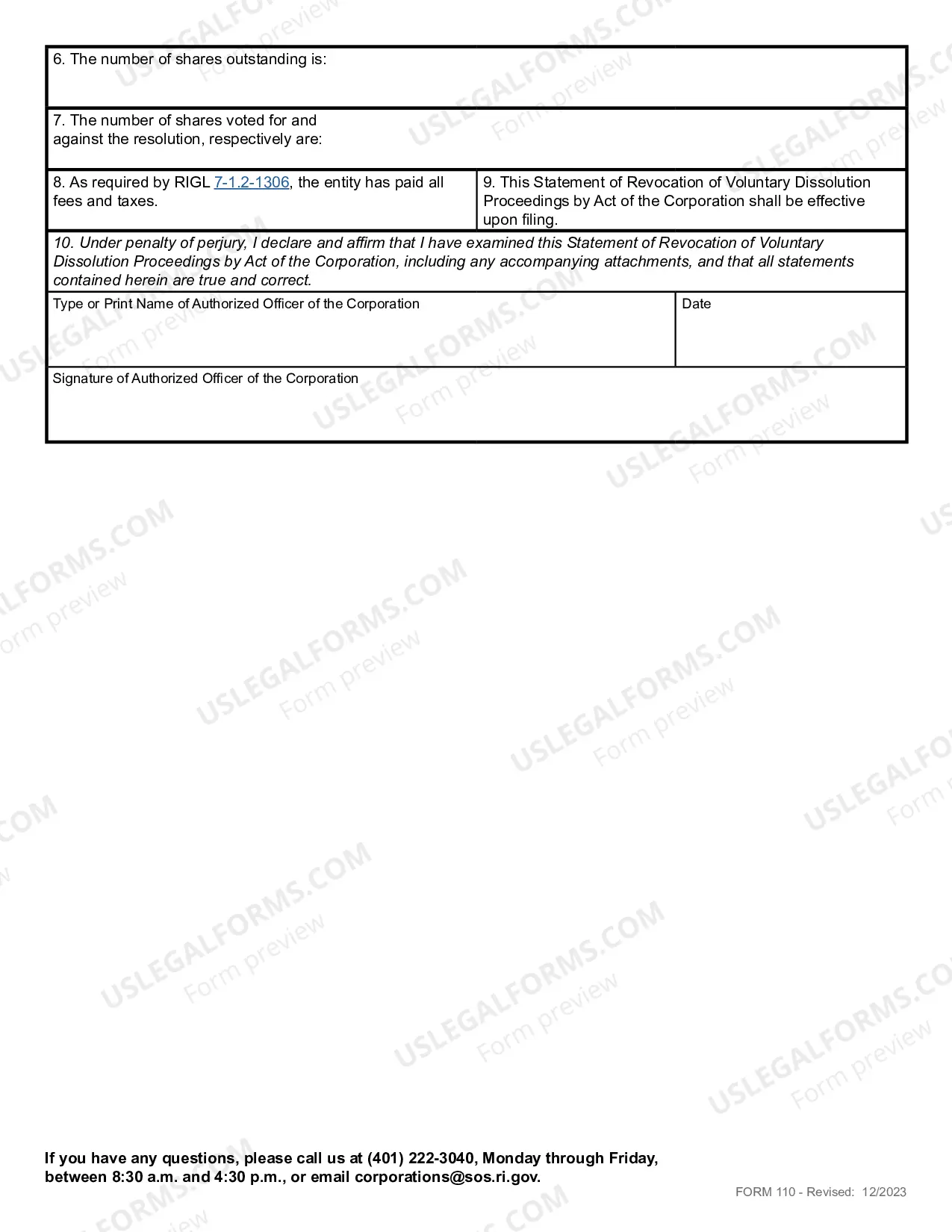 Preview Statement of Revocation of Voluntary Dissolution Proceedings By Act of Corporation (Domestic Corp)