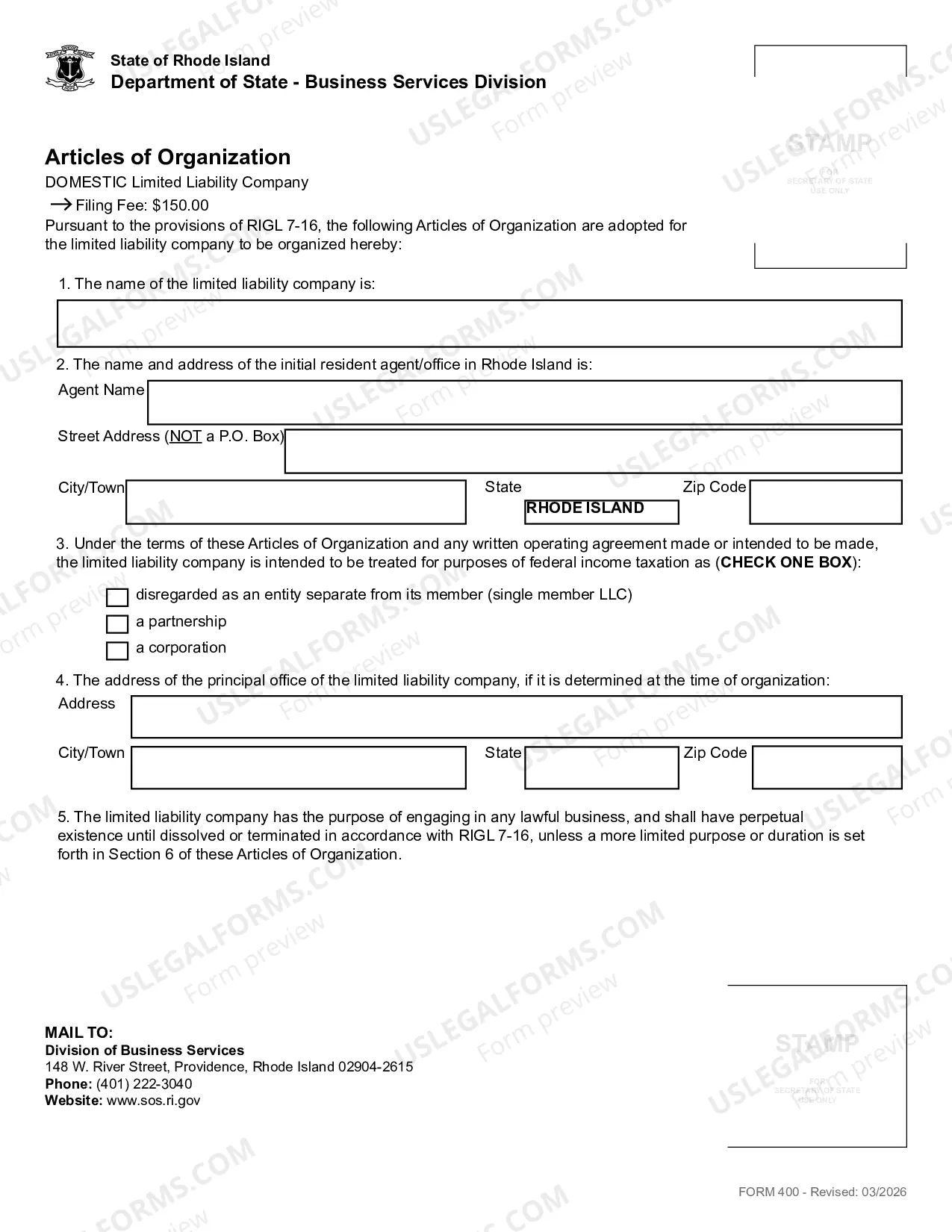 Preview Articles of Organization (Domestic LLC)