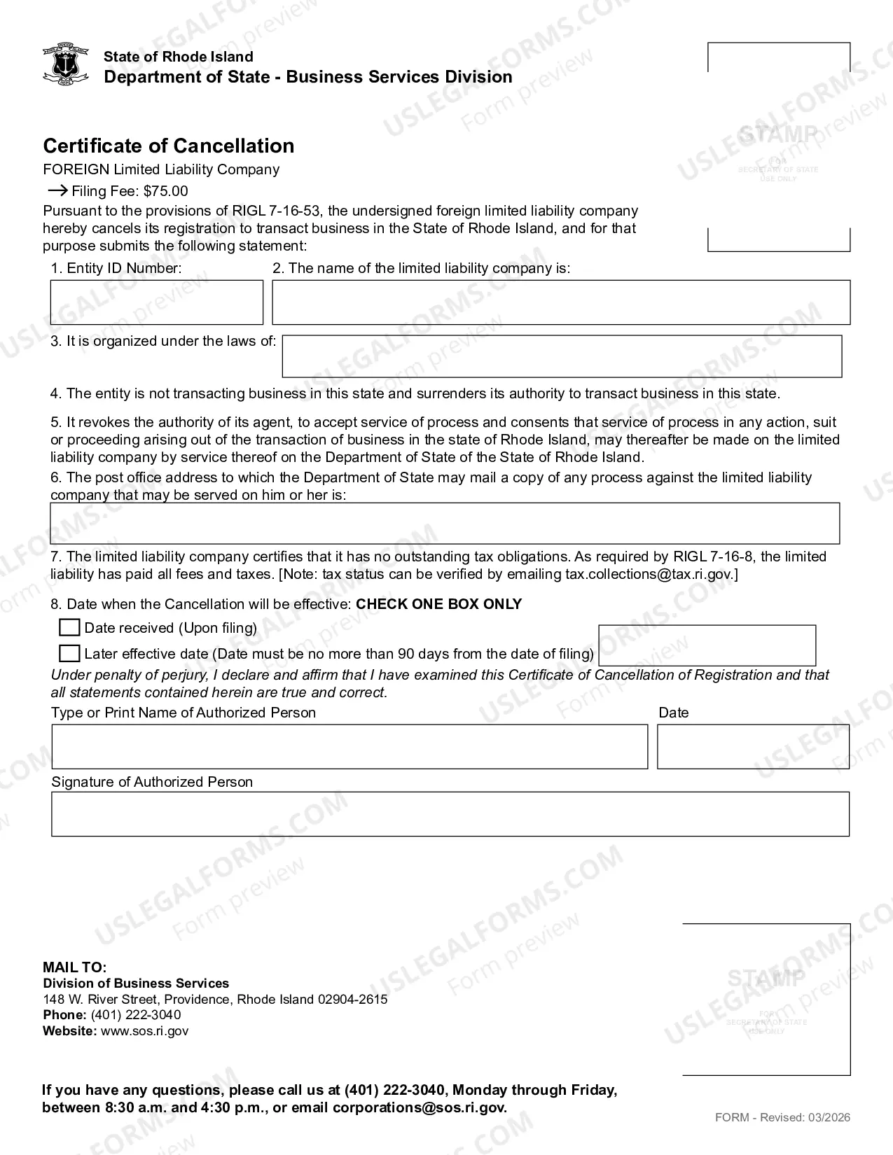 Preview Certificate of Cancellation (Foreign LLC)