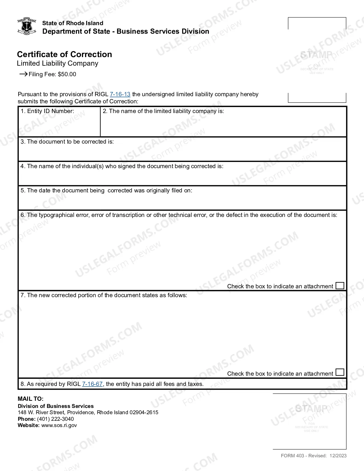 Preview Certificate of Correction (Domestic LLC)