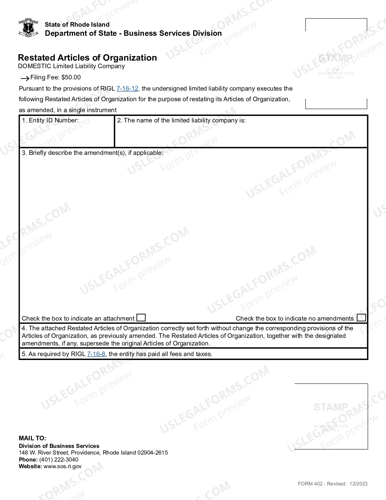 Preview Restated Articles of Organization (Domestic LLC)