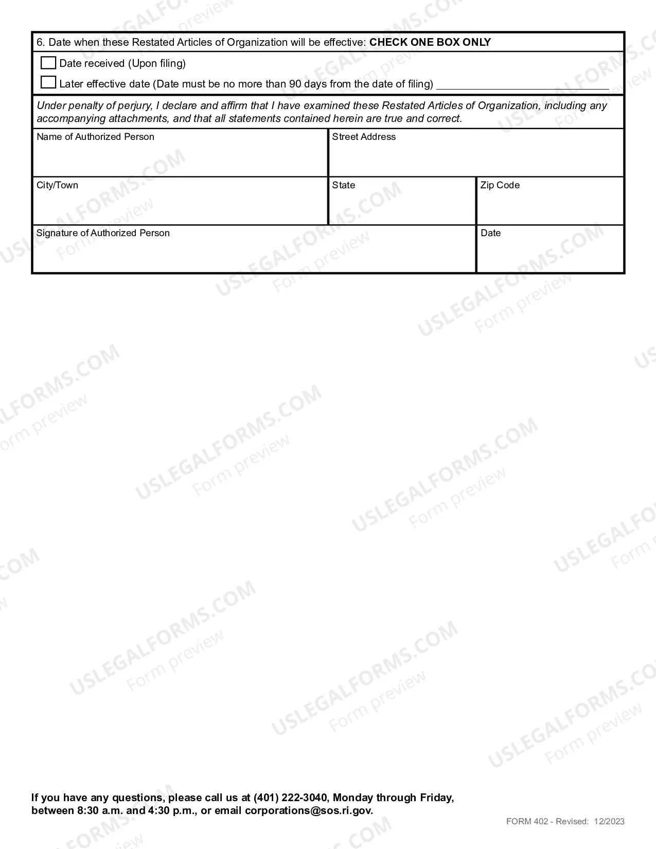 Preview Restated Articles of Organization (Domestic LLC)