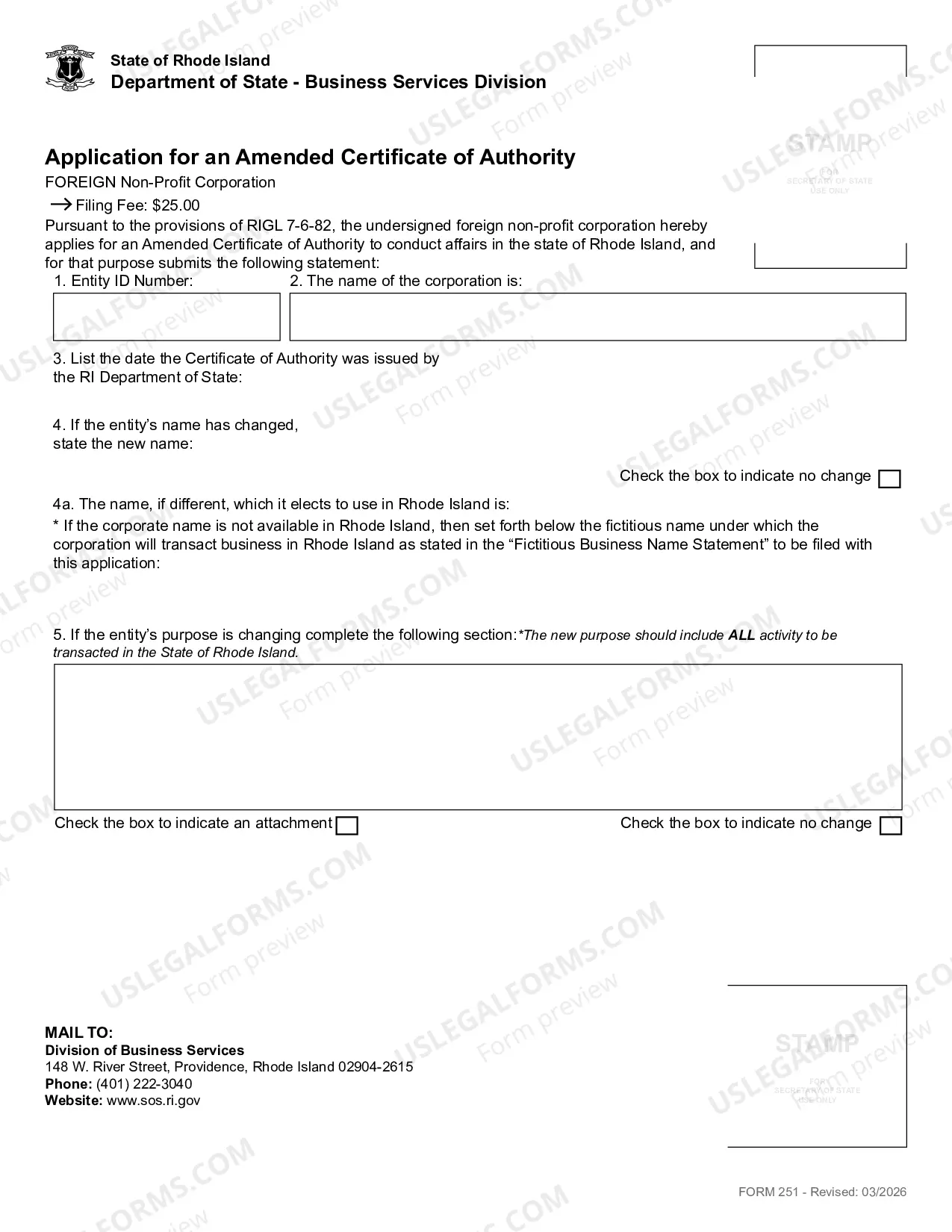 Preview Application For Amended Certificate of Authority (Foreign Non Profit Corp)
