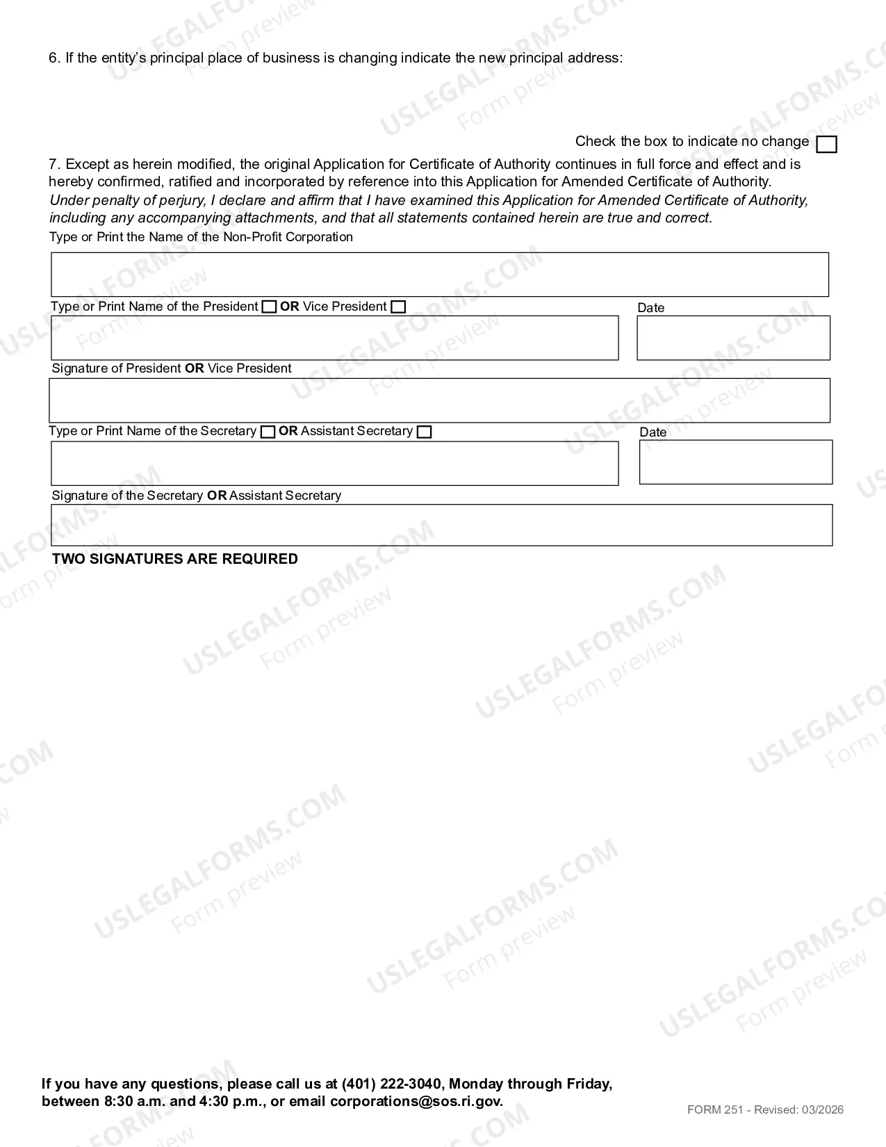 Preview Application For Amended Certificate of Authority (Foreign Non Profit Corp)