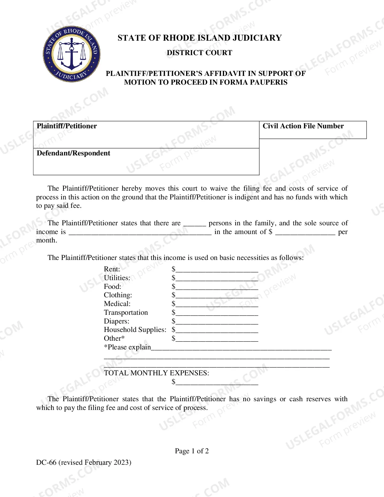 Preview Motion, Affidavit, and Order to Proceed In Forma Pauperis