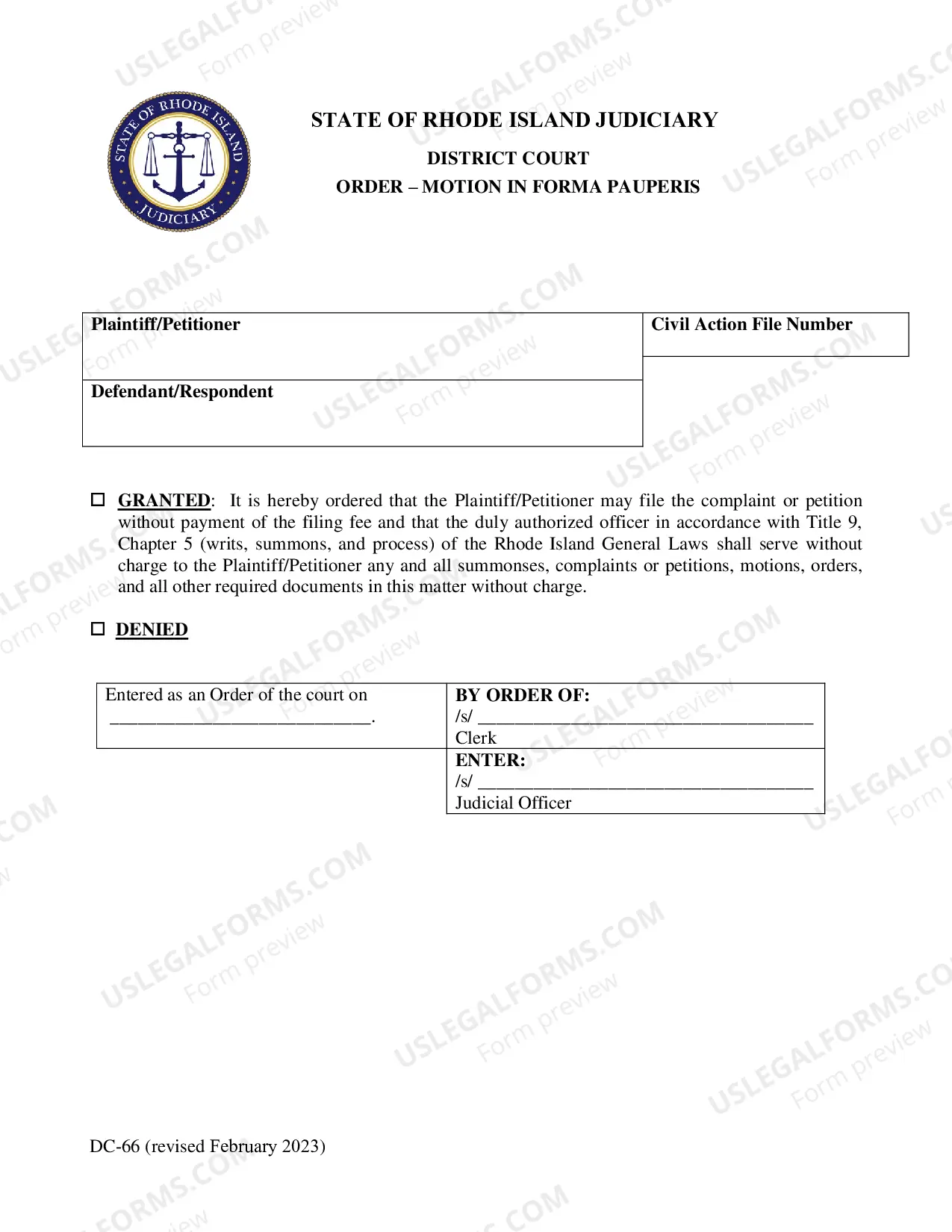 Preview Motion, Affidavit, and Order to Proceed In Forma Pauperis