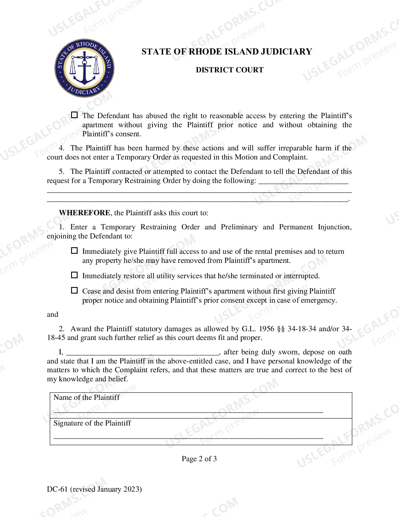 Preview Complaint and Motion For Temporary Restraining Order-Tenant Against Landlord