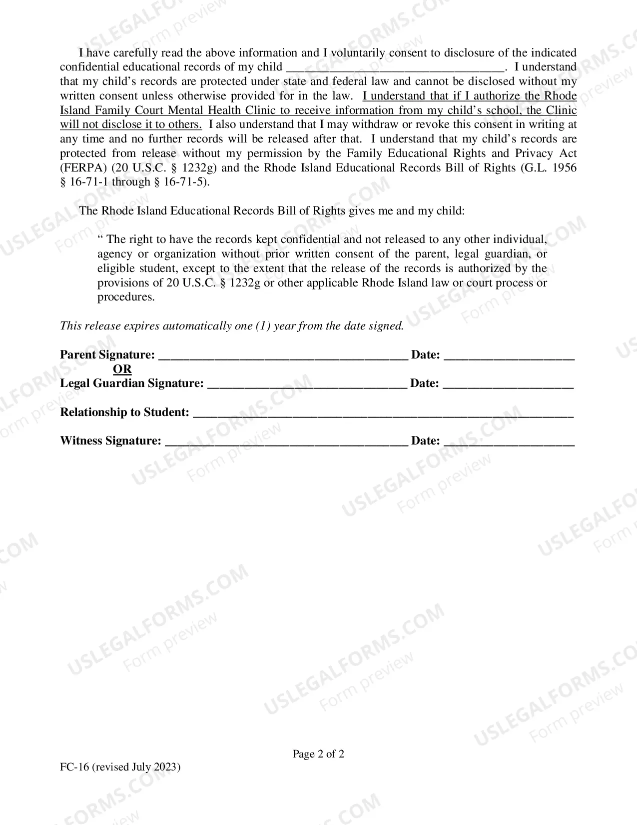 Preview Authorization For Release of Protected Education Information