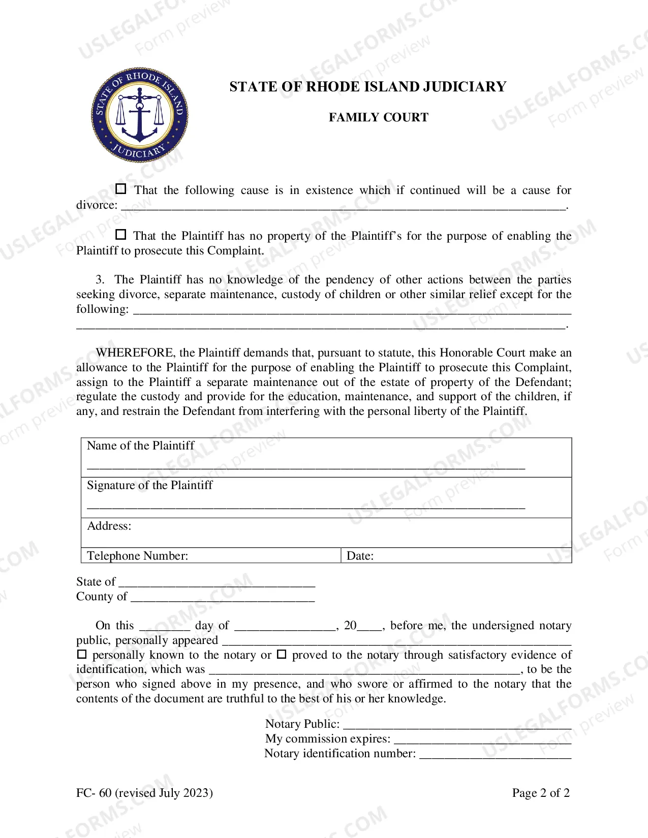 Preview Complaint For Separate Maintenance Without Commencement of Divorce Proceedings