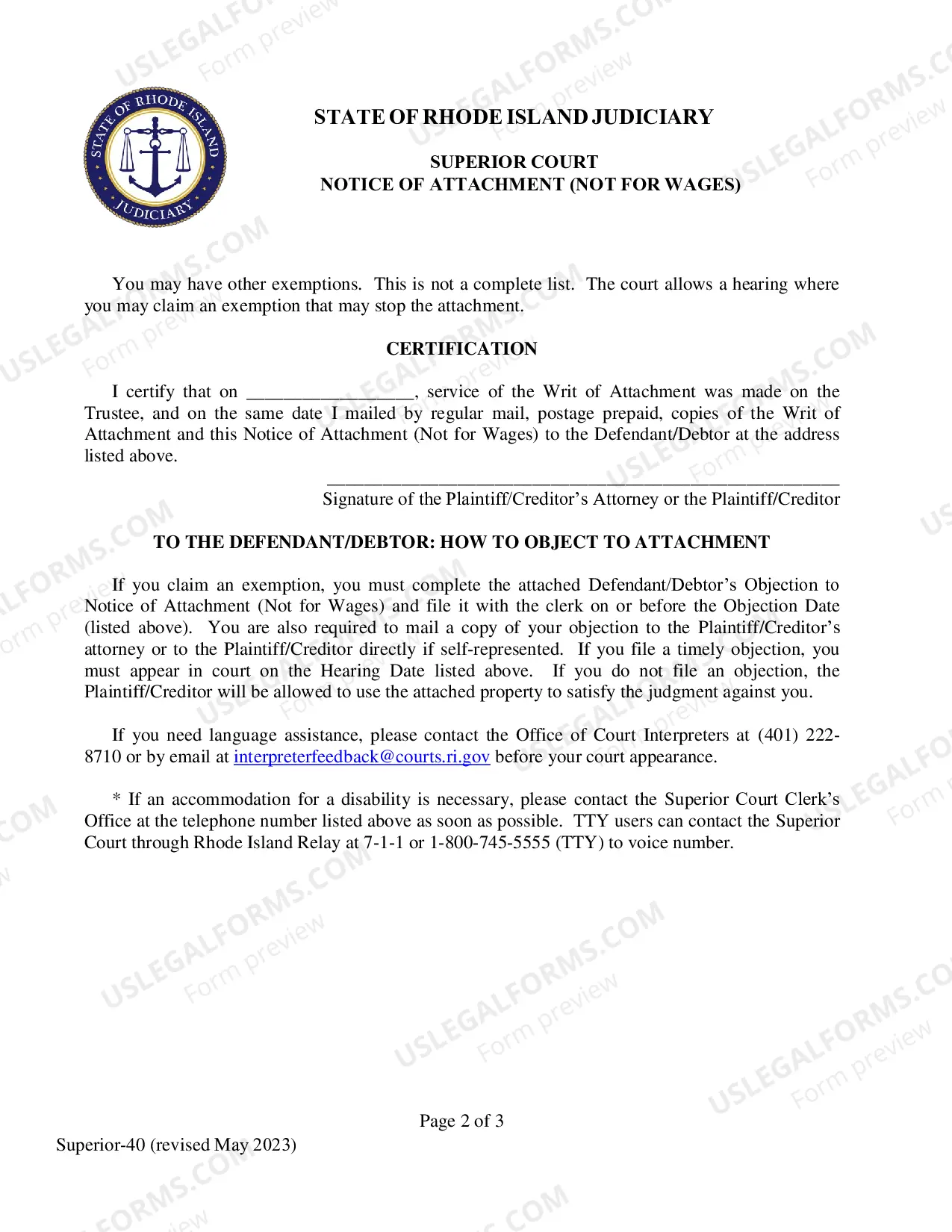 Preview Notice of Attachment (Not For Wages)