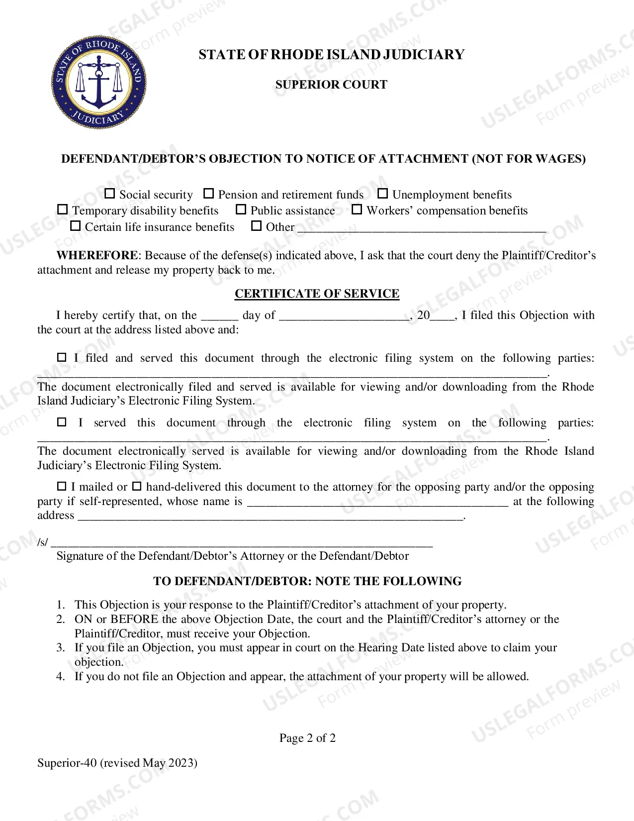 Preview Notice of Attachment (Not For Wages)