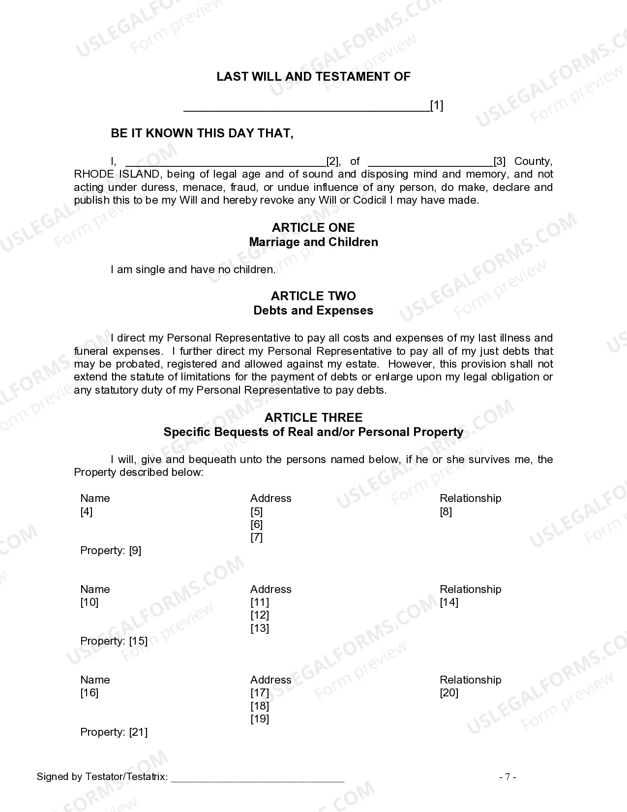 Preview Last Will and Testament for Single Person with No Children