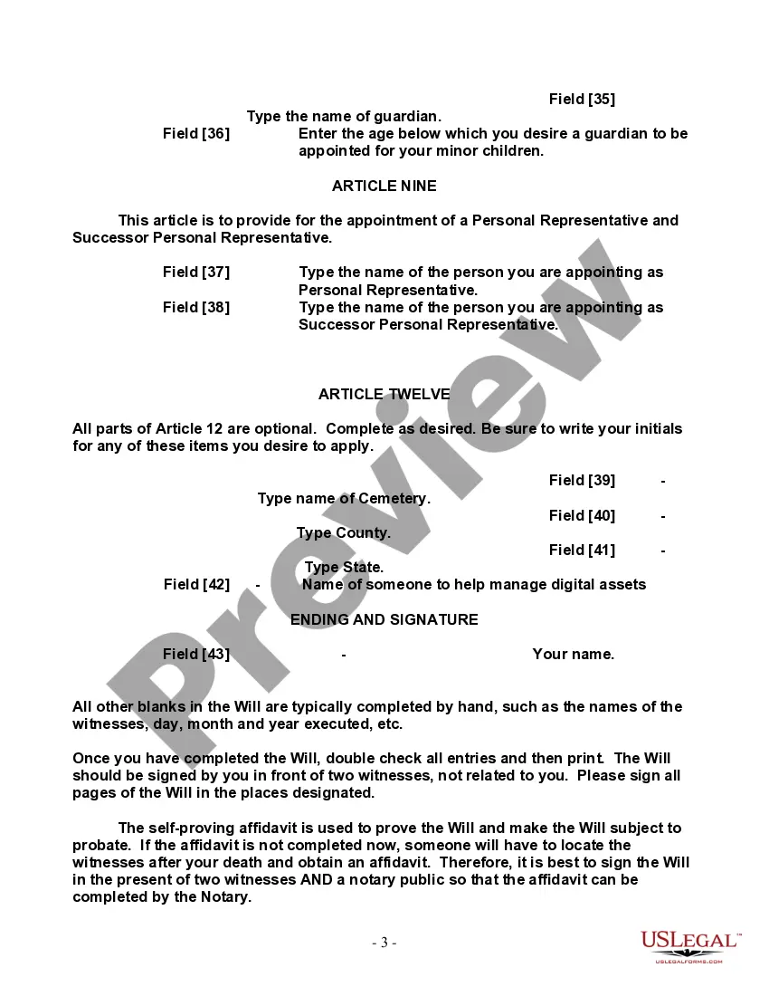 Preview Last Will and Testament for a Single Person with Minor Children
