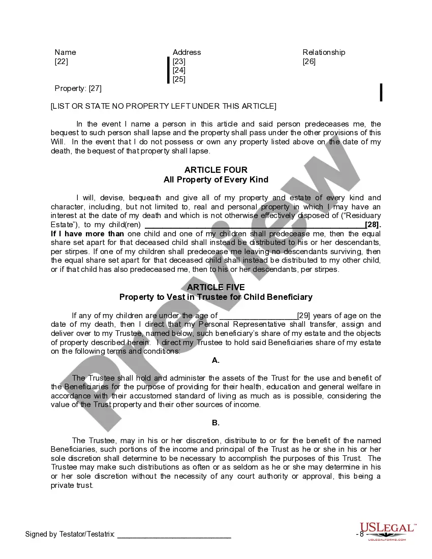 Preview Last Will and Testament for a Single Person with Minor Children