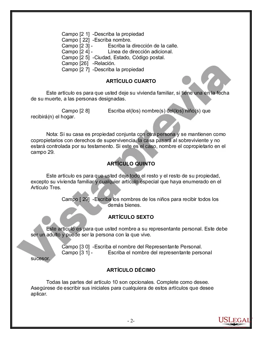 Preview Formulario Legal de Última Voluntad y Testamento para Persona Soltera con Hijos Adultos