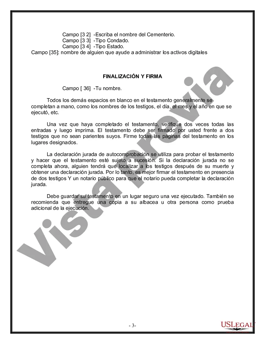 Preview Formulario Legal de Última Voluntad y Testamento para Persona Soltera con Hijos Adultos