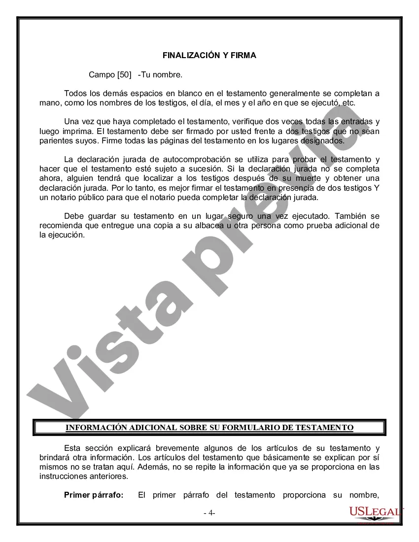 Preview Última voluntad y testamento legal para persona casada con hijos menores de edad de un matrimonio anterior