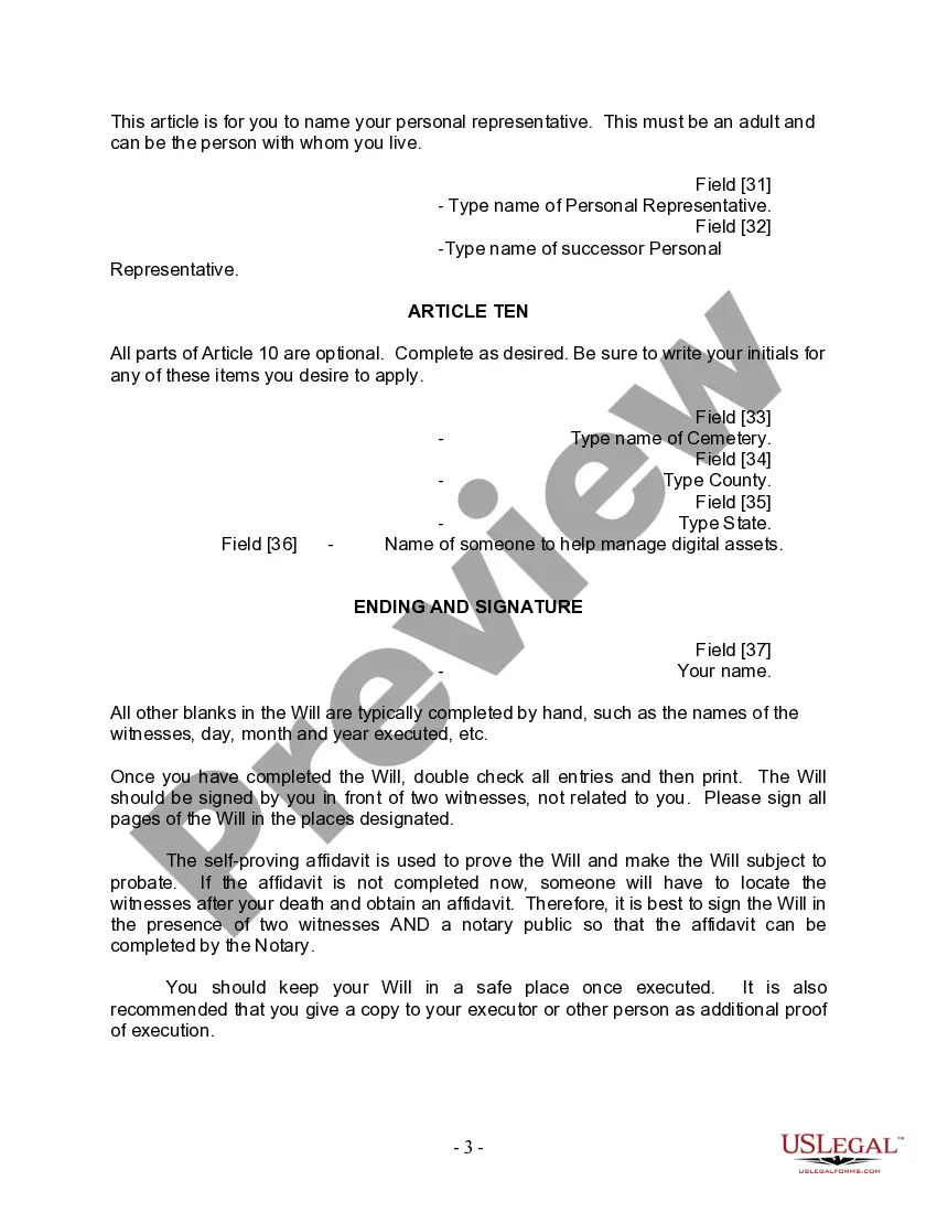 Preview Last Will and Testament for Divorced person not Remarried with Adult Children