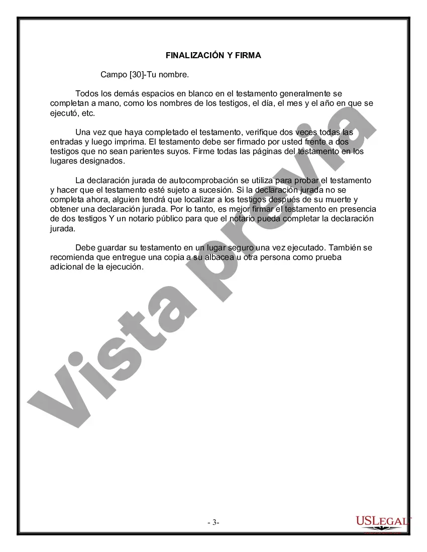 Preview Formulario de última voluntad y testamento legal para personas divorciadas que no se han vuelto a casar y no tienen hijos