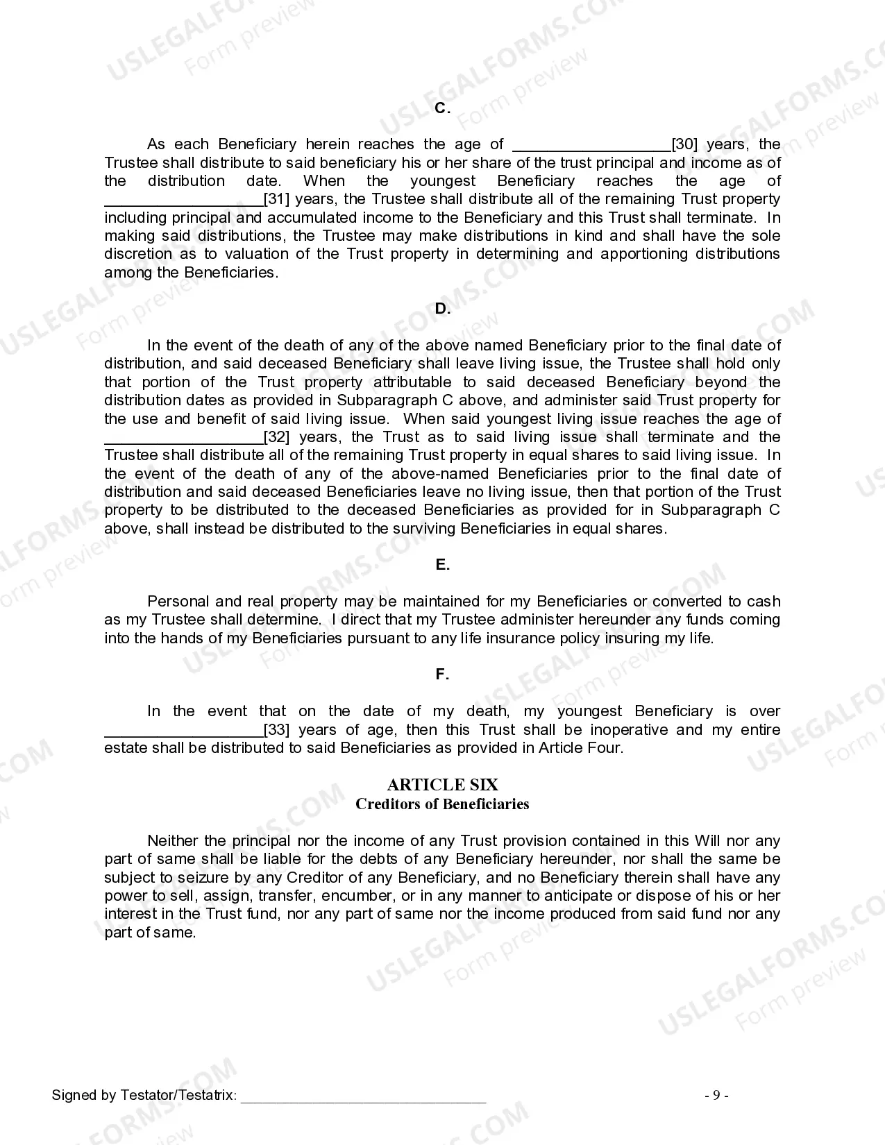 Preview Last Will and Testament for Divorced person not Remarried with Minor Children