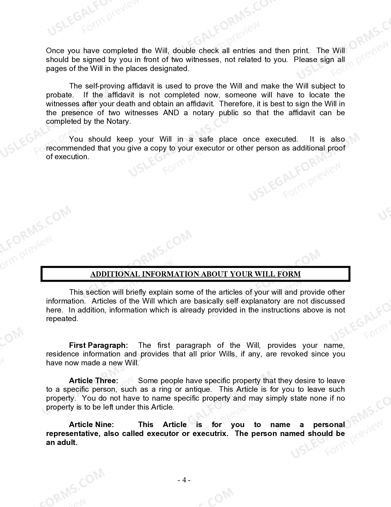 Preview Last Will and Testament for Divorced person not Remarried with Minor Children