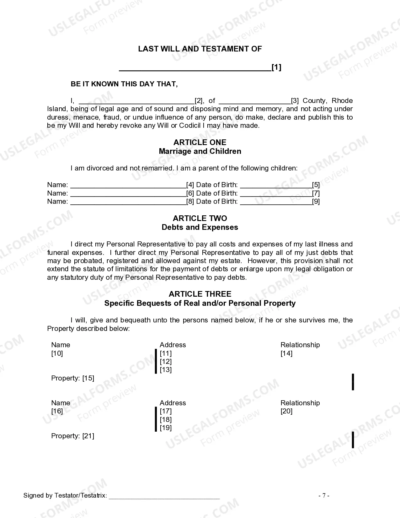 Preview Last Will and Testament for Divorced person not Remarried with Minor Children