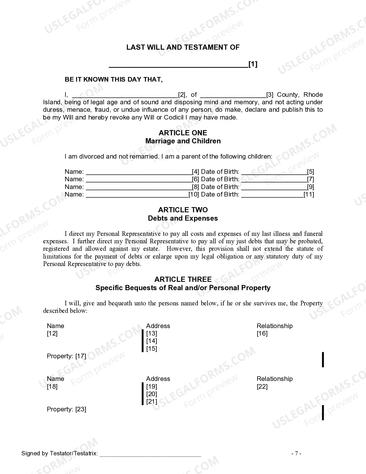 Preview Last Will and Testament for Divorced Person Not Remarried with Adult and Minor Children
