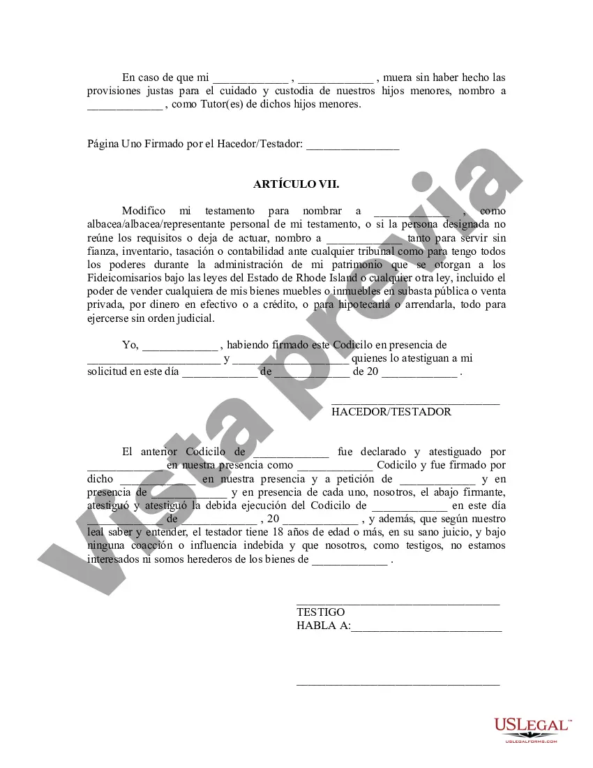Preview Codicilo al formulario de testamento para enmendar su testamento - Cambios o enmiendas de testamento