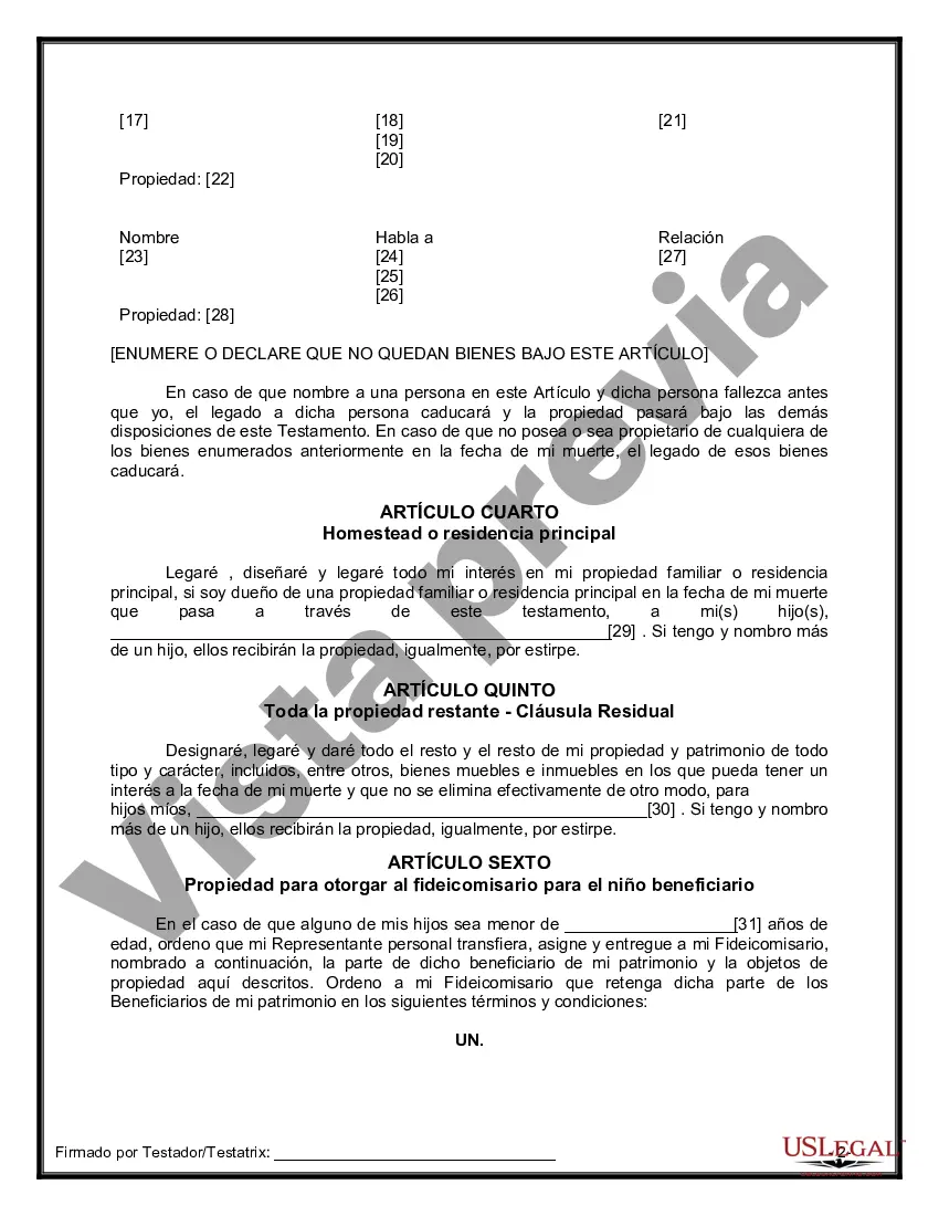 Preview Formulario Legal de Última Voluntad y Testamento para Viuda o Viudo con Hijos Menores